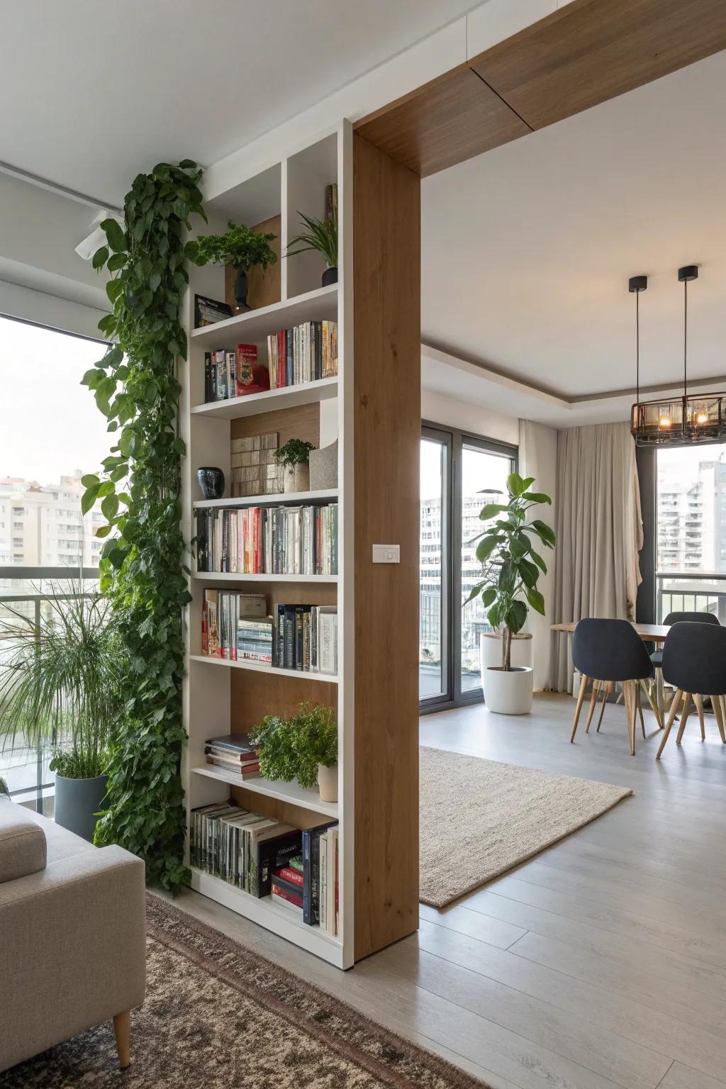 Double-sided shelves blend function and style in open spaces.
