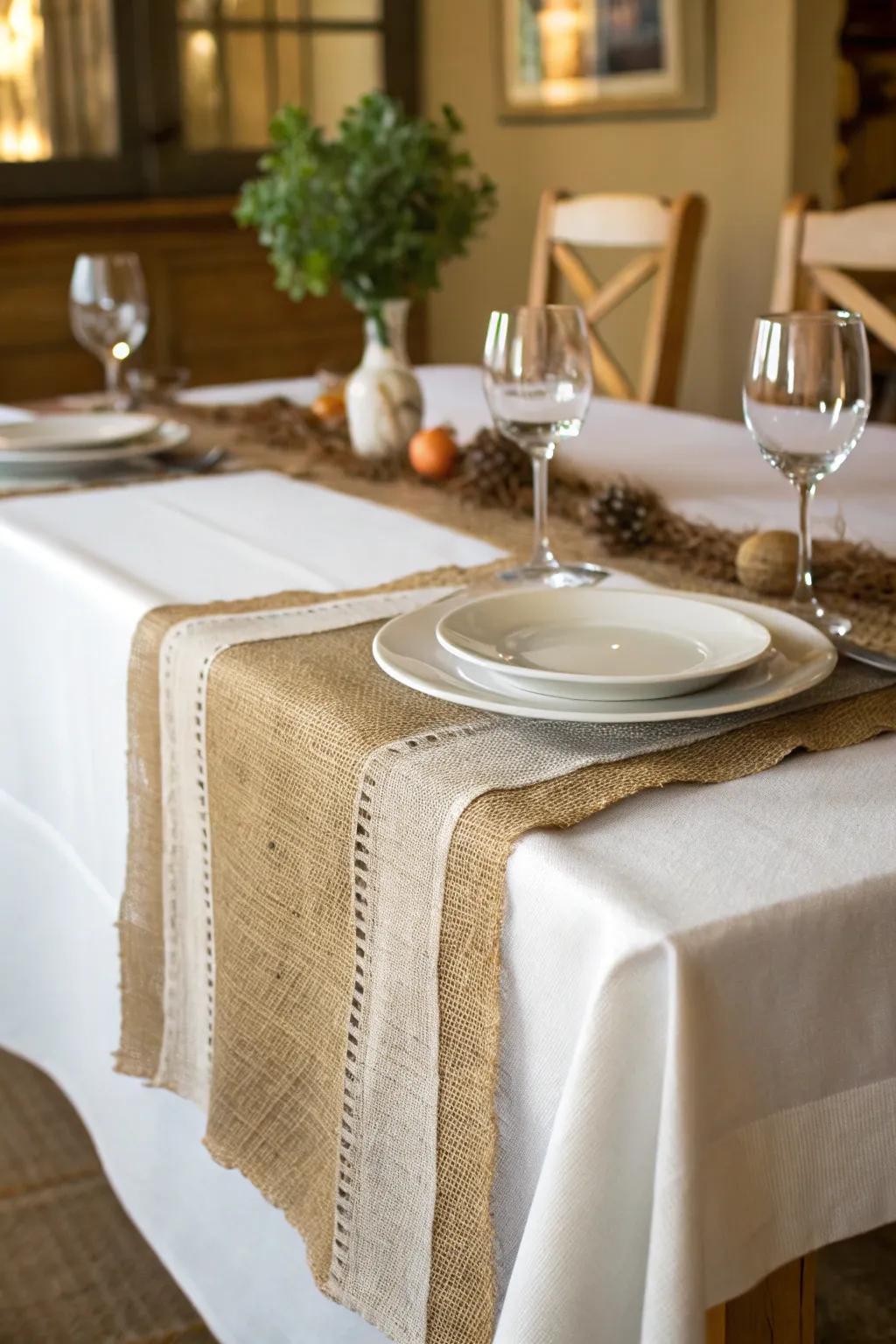 Layered textiles create a visually interesting and inviting table setting.