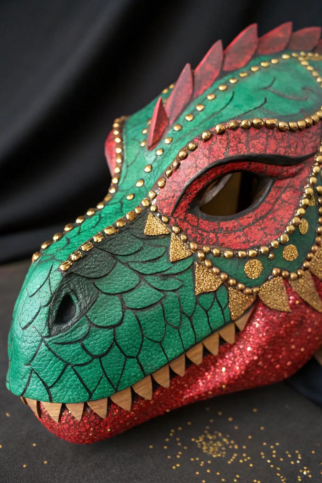Unleash your inner artist with a dino mask masterpiece, where every scale tells a vibrant story.