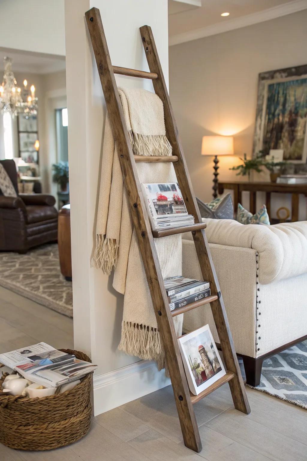 A vintage ladder repurposed for functional decor.