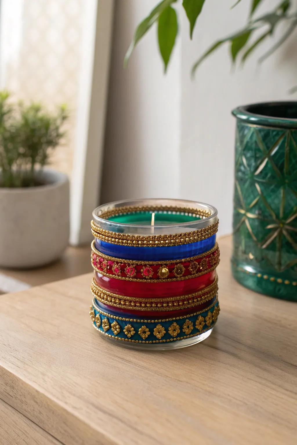 Illuminate your Diwali with eco-friendly elegance: Craft your own glittery candle holders from vibrant glass bangles.