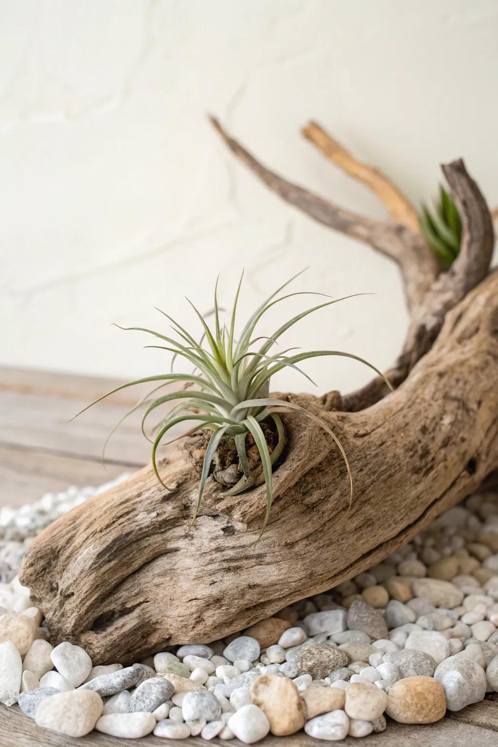 Embrace rustic elegance with a simple air plant display. Perfect for your coffee table centerpiece.