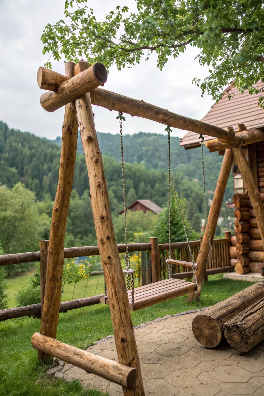 Rustic Charm Meets Outdoor Fun: A Log Swing Set to Enchant Your Backyard.