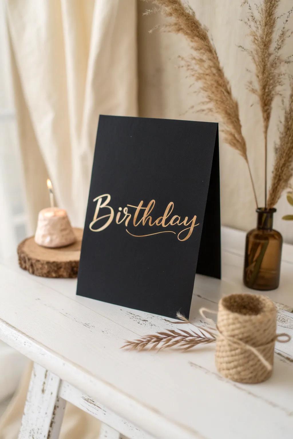Add a personal touch to your birthday wishes with chic calligraphy in gold on black.