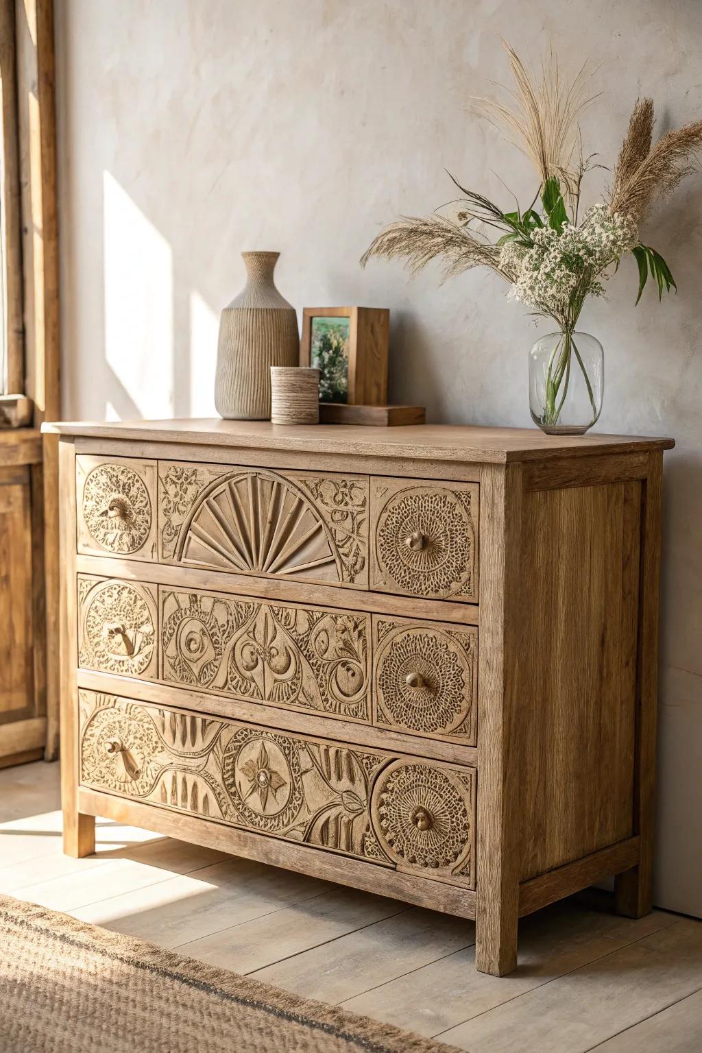 Transform your space with a touch of bohemian elegance and Scandinavian simplicity through textured carvings.