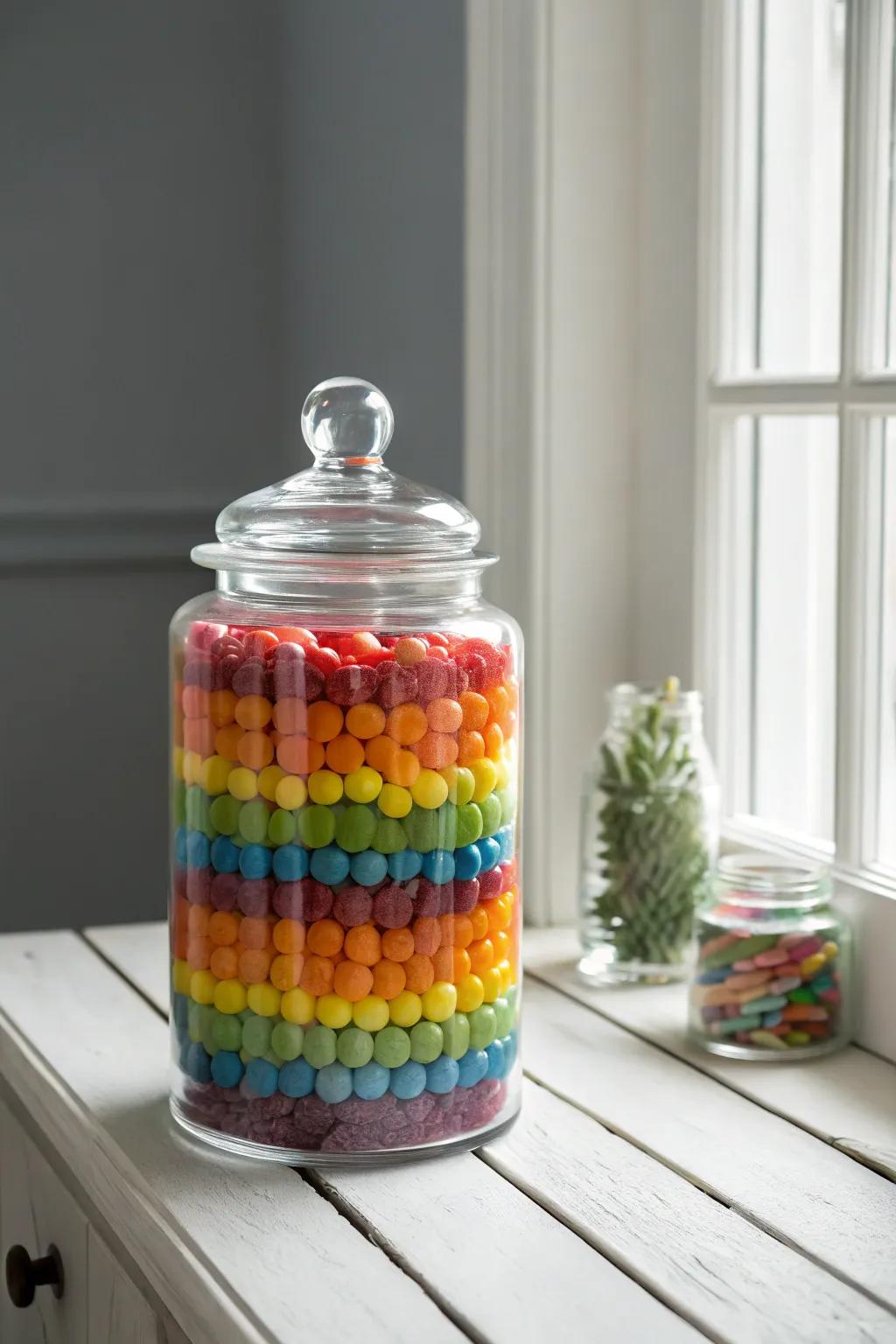 Transform your space with a touch of sweet artistry: DIY layered candy jars for a stylish treat!