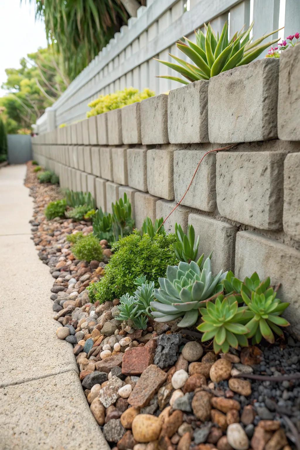 Transform your space with the perfect balance of nature and industry: a cinder block fence with gravel and greenery.
