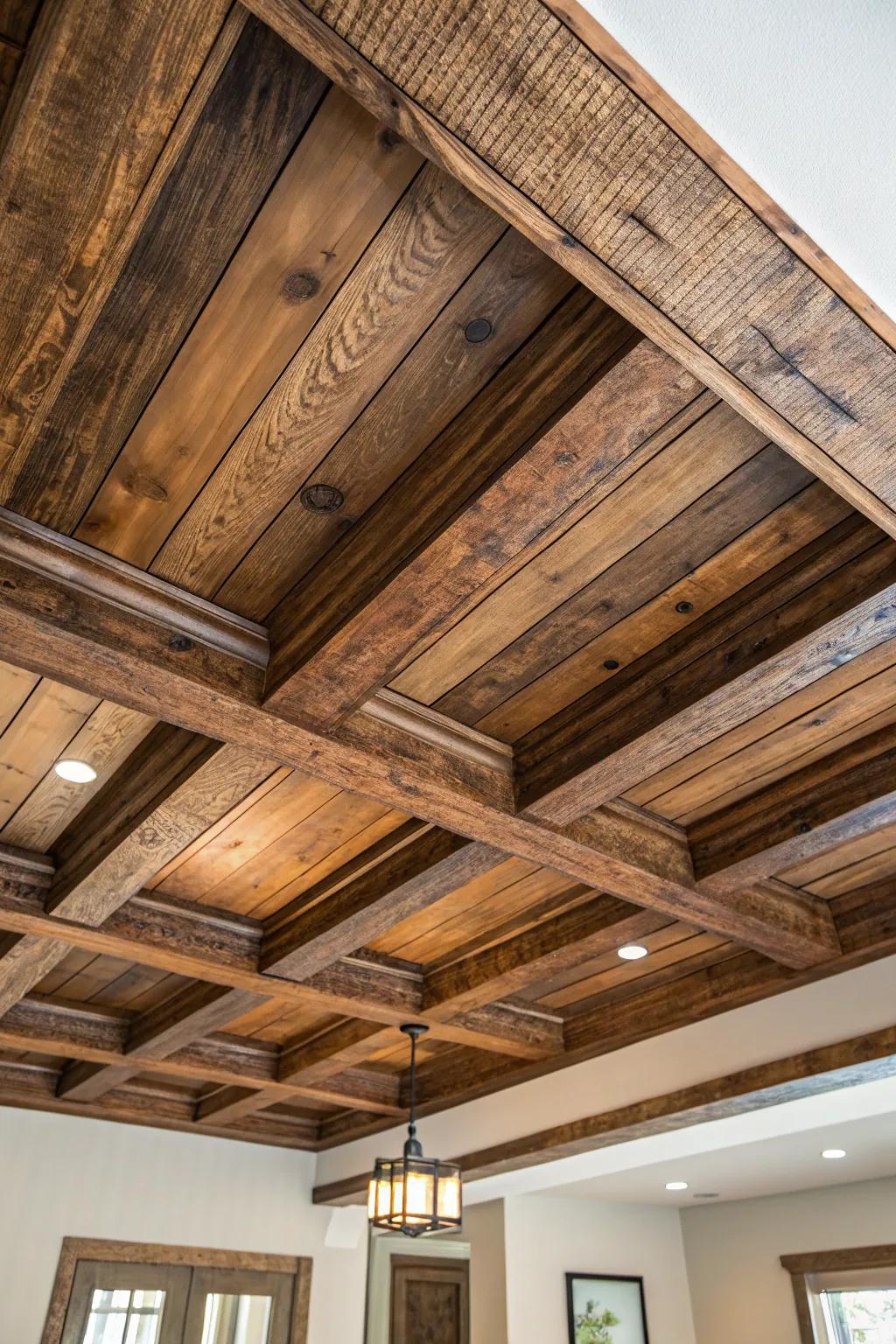 Elevate your space with the rustic charm of a reclaimed wood coffered ceiling.