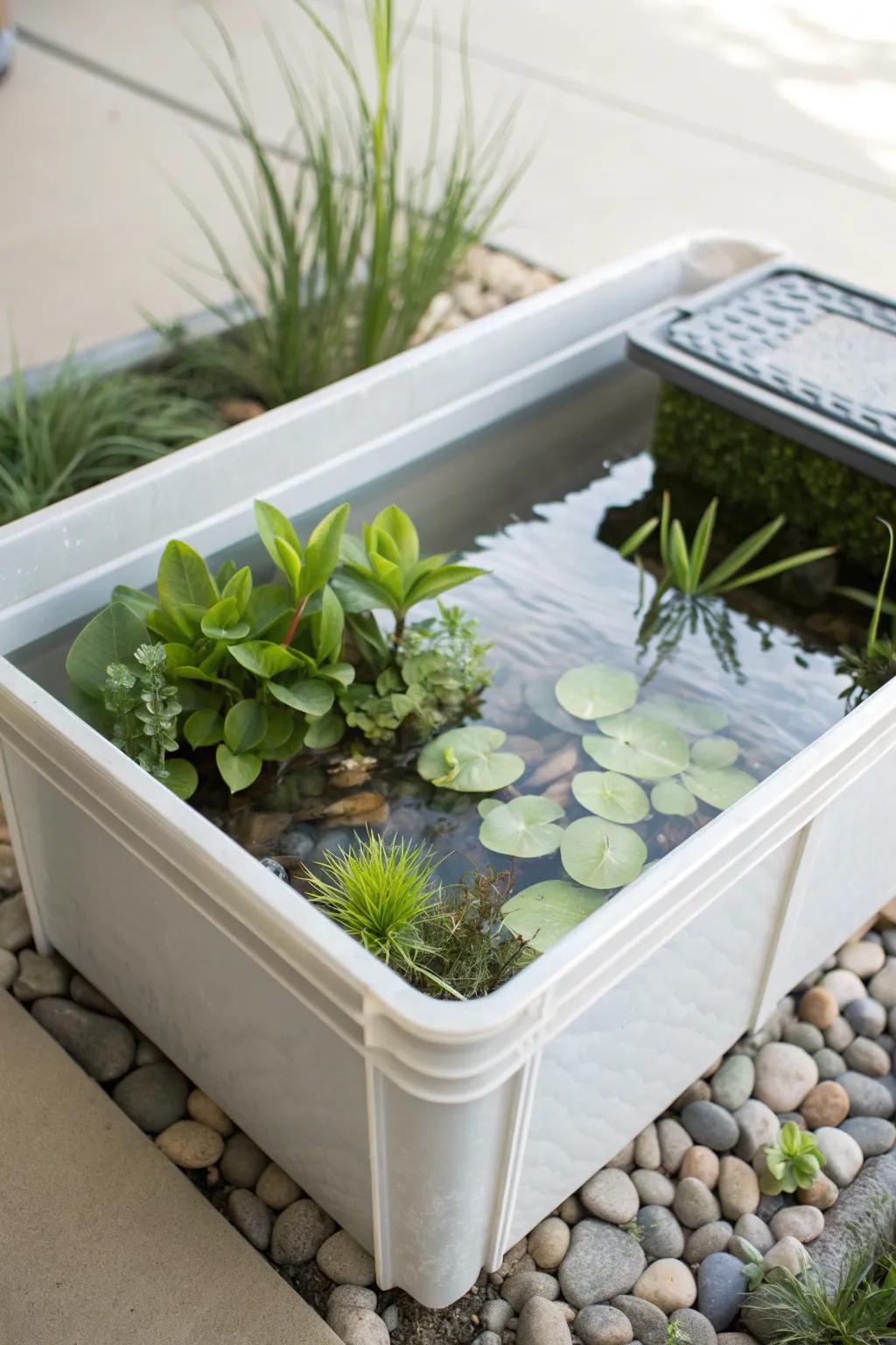 Transform a simple plastic bin into an enchanting mini pond with aquatic plants and pebbles for a touch of natural elegance.
