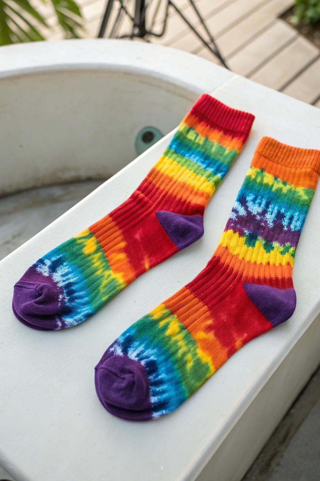 Add a splash of color to your day with these vibrant rainbow tie-dye socks, perfect for embracing a fun and carefree spirit!