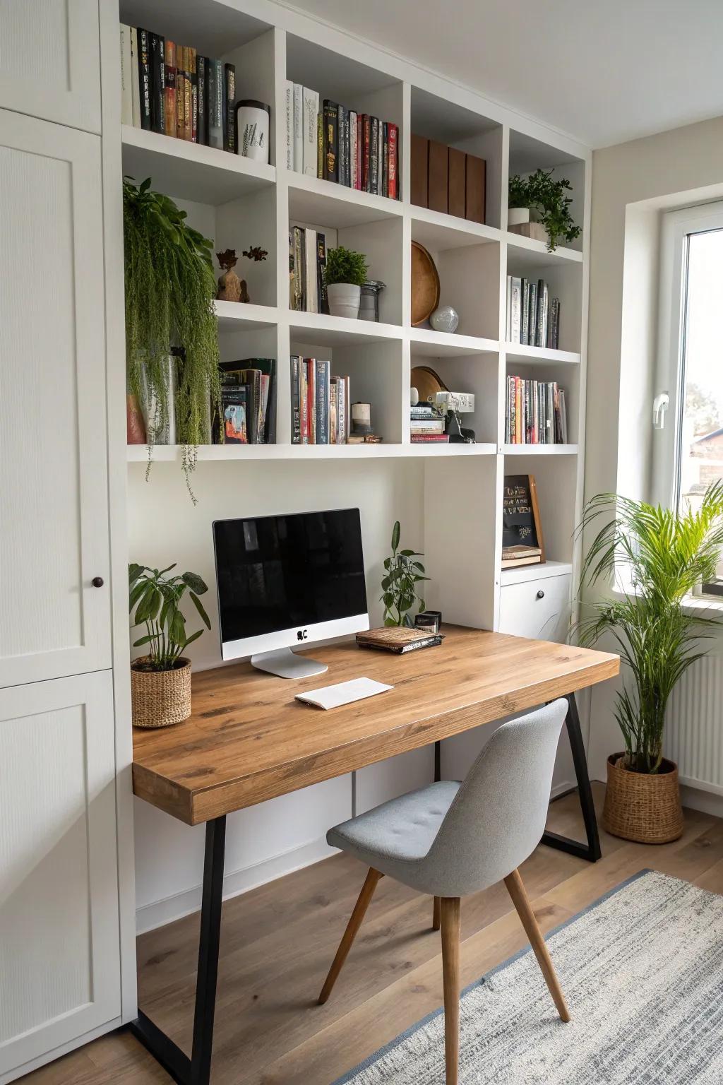 Elevate your workspace with a stylish bookshelf desk combo, blending functionality with Scandinavian simplicity.