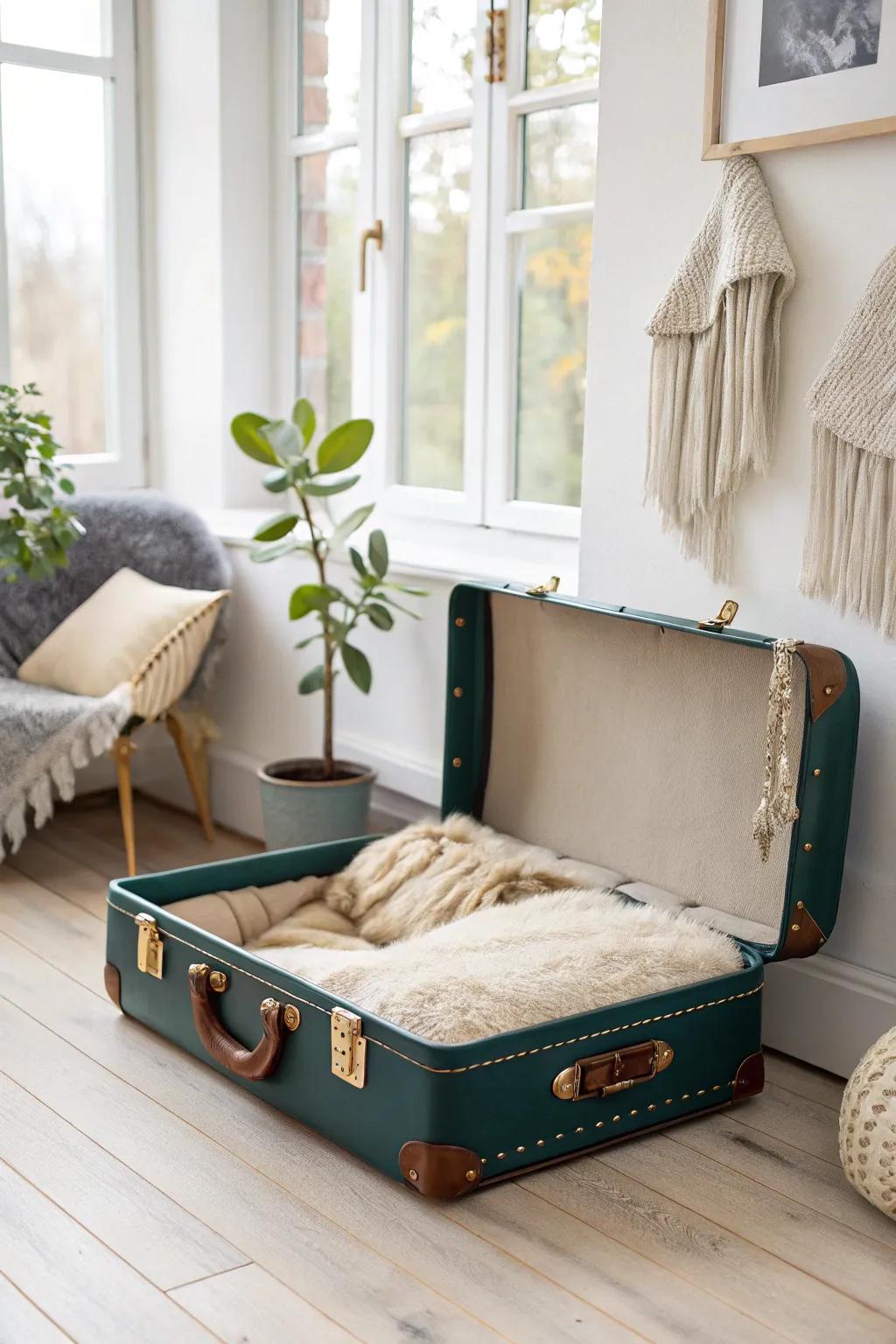 Transform a vintage suitcase into a chic and cozy dog haven—where elegance meets comfort!