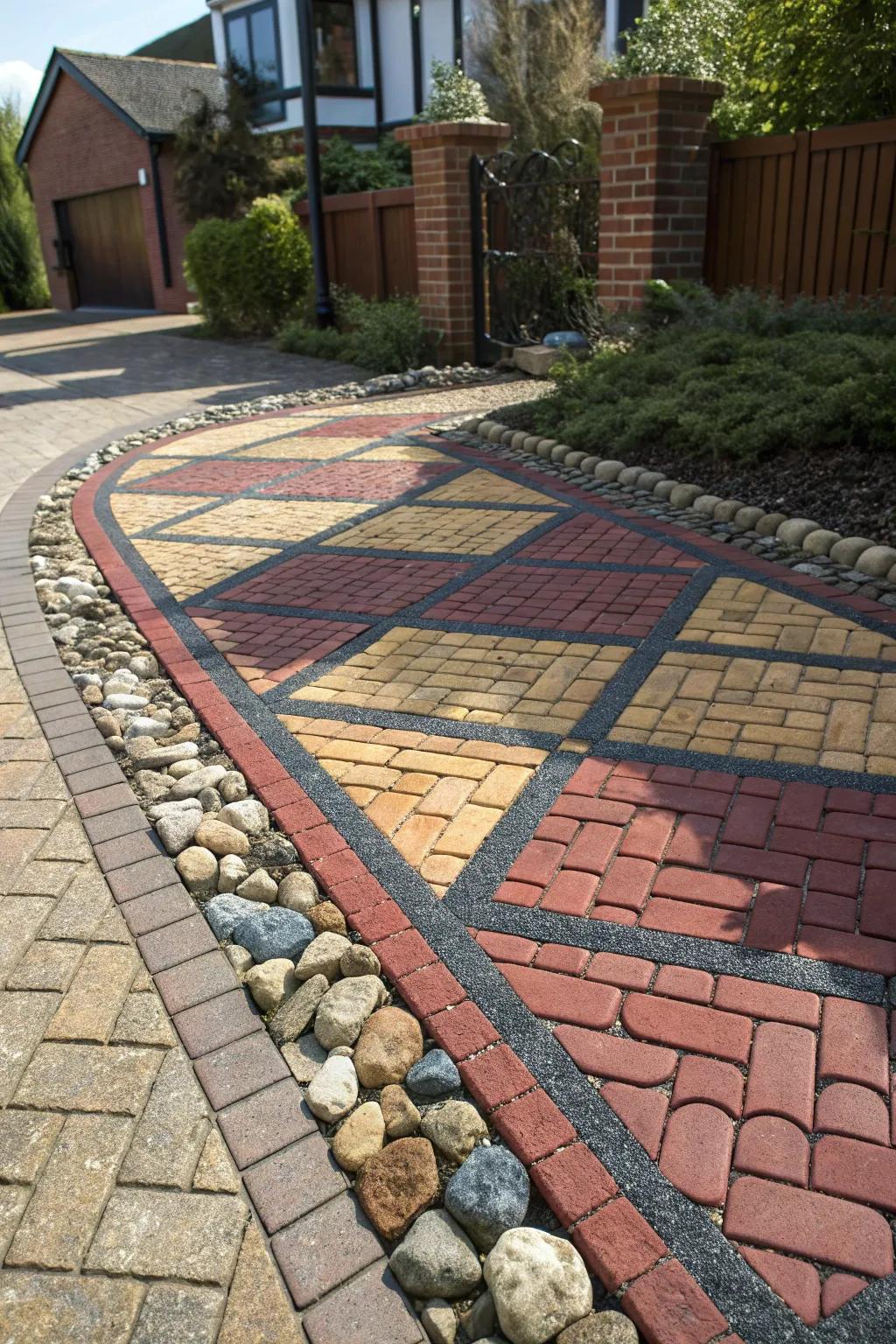 Transform your driveway with a stunning mosaic of mixed materials. Unleash your creativity with bricks and stones!