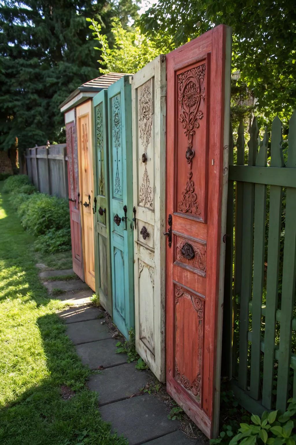 Transform vintage doors into a captivating fence that tells a story.