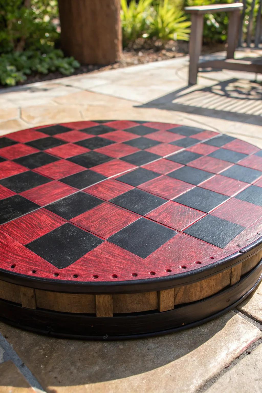 Elevate your gatherings with a striking checkerboard firepit cover—where craftsmanship meets fun!