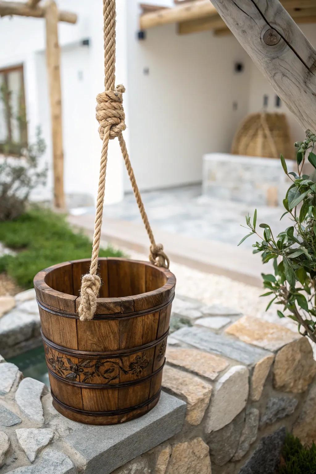 Add charm to your garden with a beautifully crafted bucket and rope well feature—where minimalism meets playful tradition.