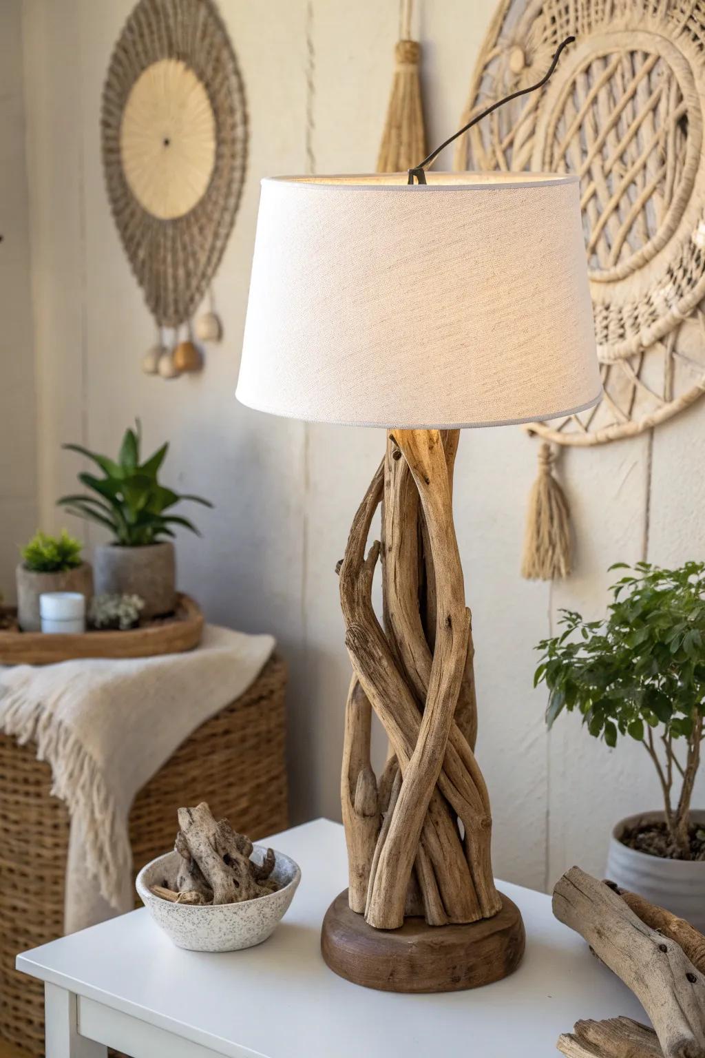 Bring the serenity of the shoreline into your home with a stunning driftwood lamp - where nature meets minimalist elegance.