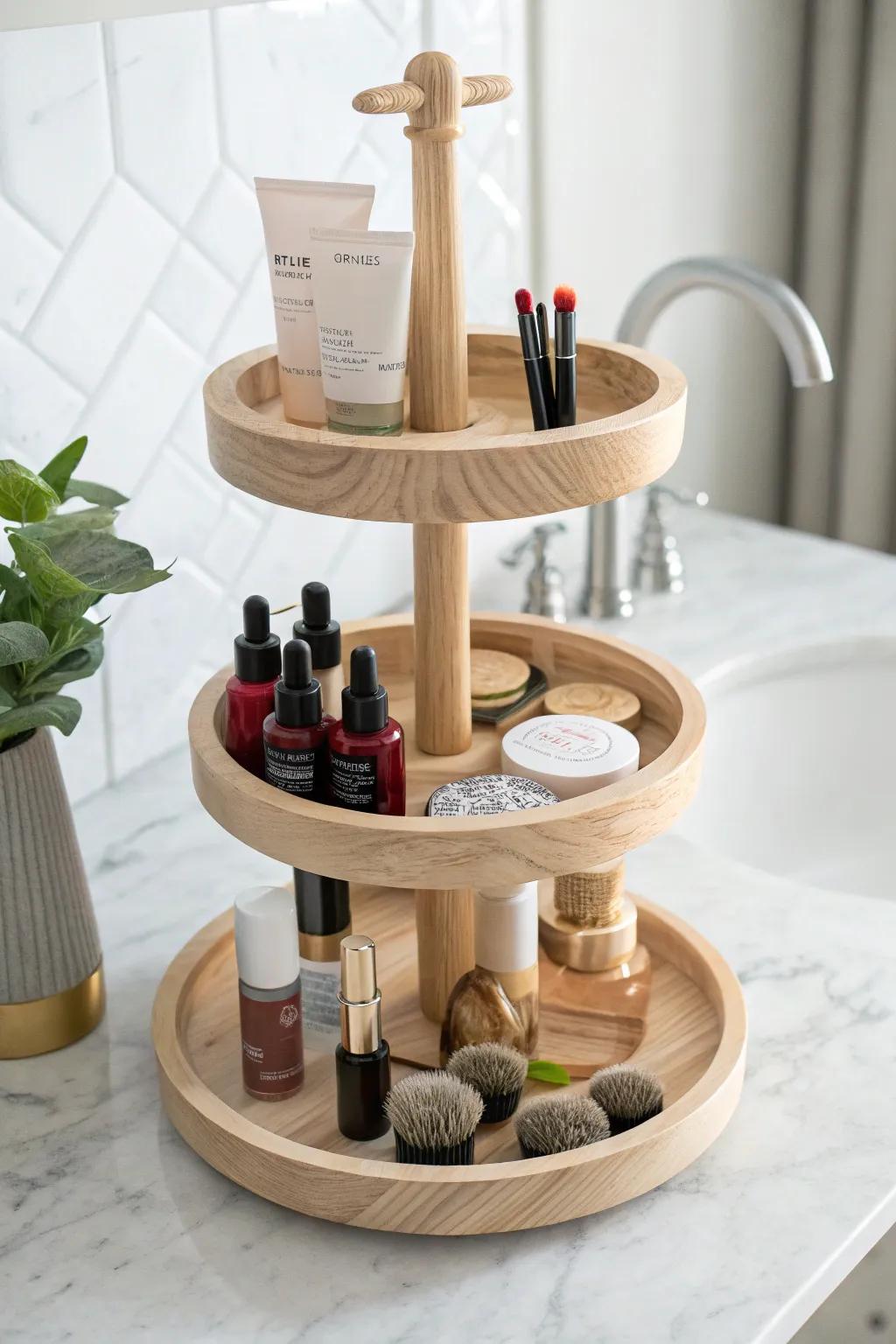 Elevate your makeup organization with this chic and functional tiered tray—perfect for adding style and simplicity to small spaces.