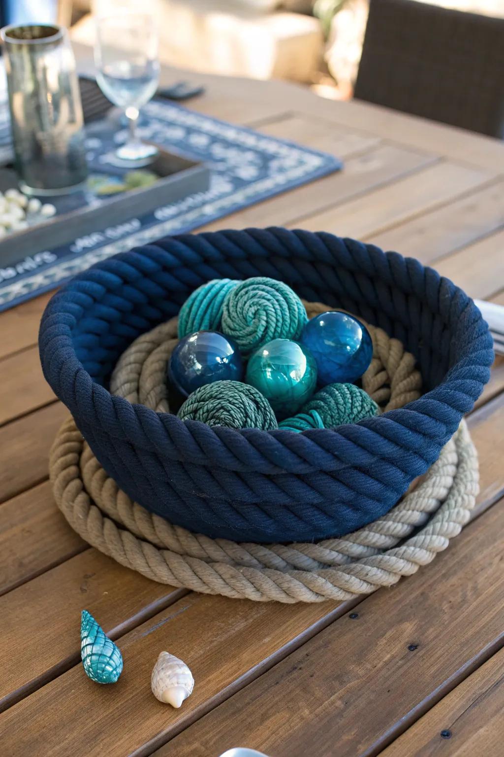 Elevate your dining decor with this handcrafted nautical rope centerpiece bowl, a perfect blend of craftsmanship and coastal charm.