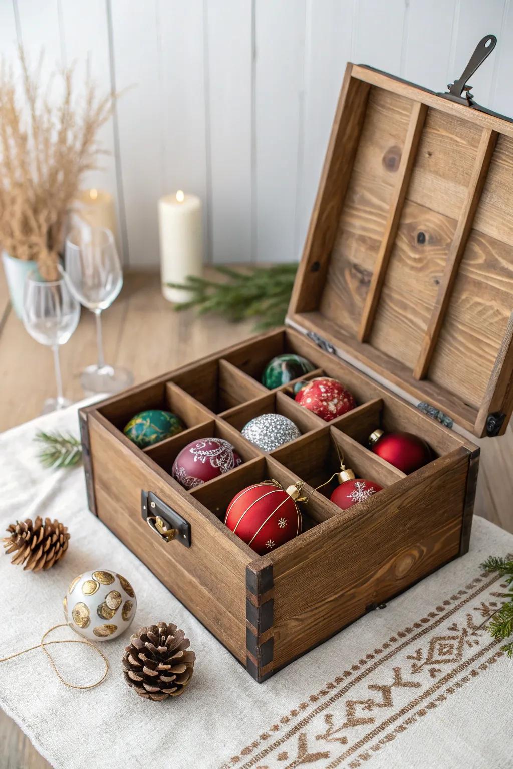 Transform elegance into utility: Repurpose wine boxes for stunning ornament storage.