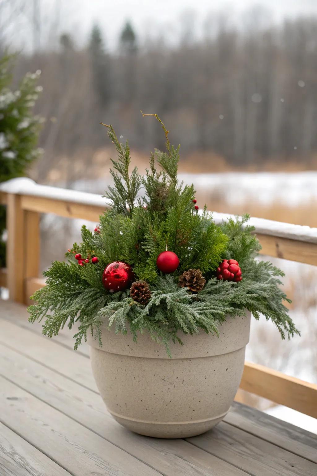 Bring festive charm to your doorstep with a touch of Scandinavian elegance—evergreens and red ornaments create a stunning holiday display.