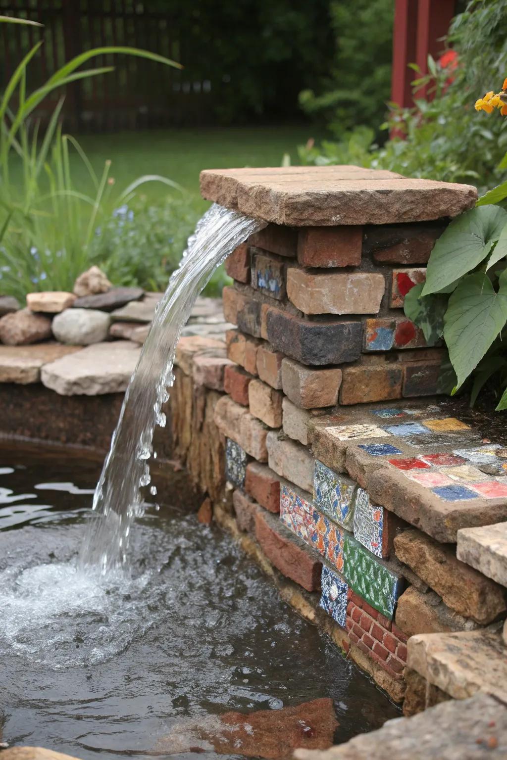 Transform your backyard with a sustainable splash of creativity using recycled bricks and tiles for a unique waterfall base.