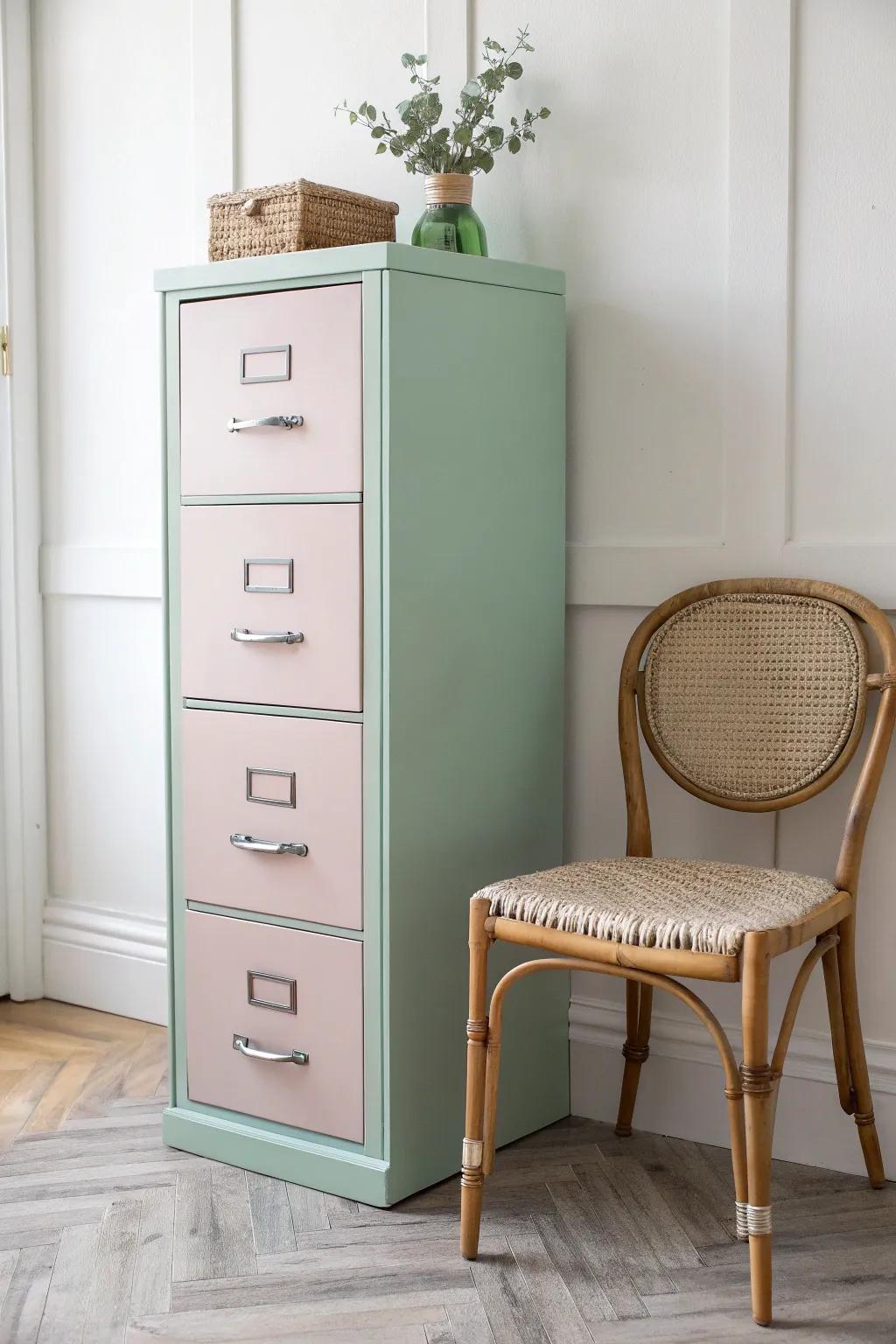 Transform your workspace with a chic, repurposed filing cabinet and a vintage chair for a stylish and professional DIY salon station.