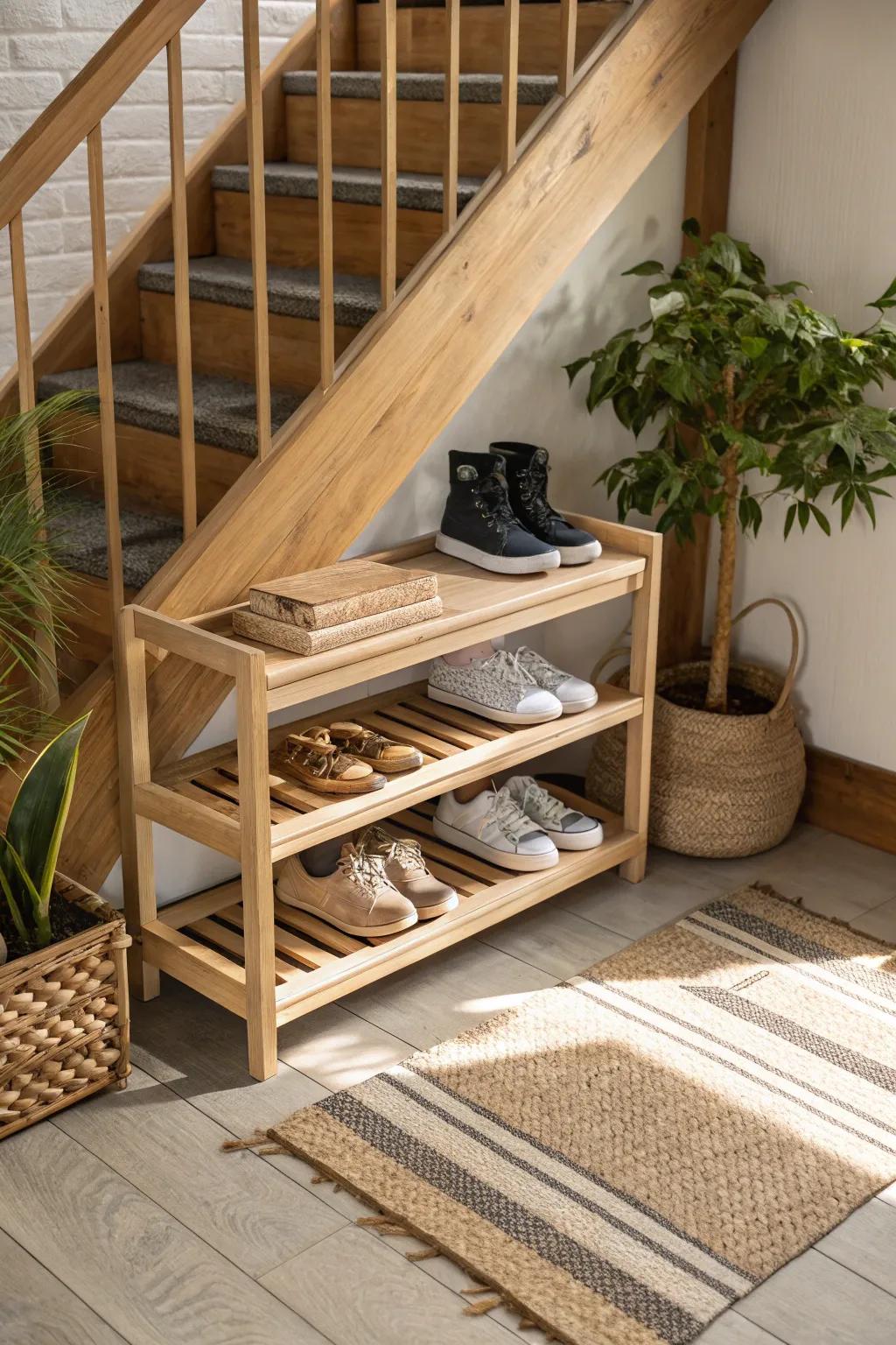 Transform underutilized spaces into a minimalist delight with a bespoke under-stairs shoe haven. #ScandinavianStyle #BohoChic #HomeOrganization