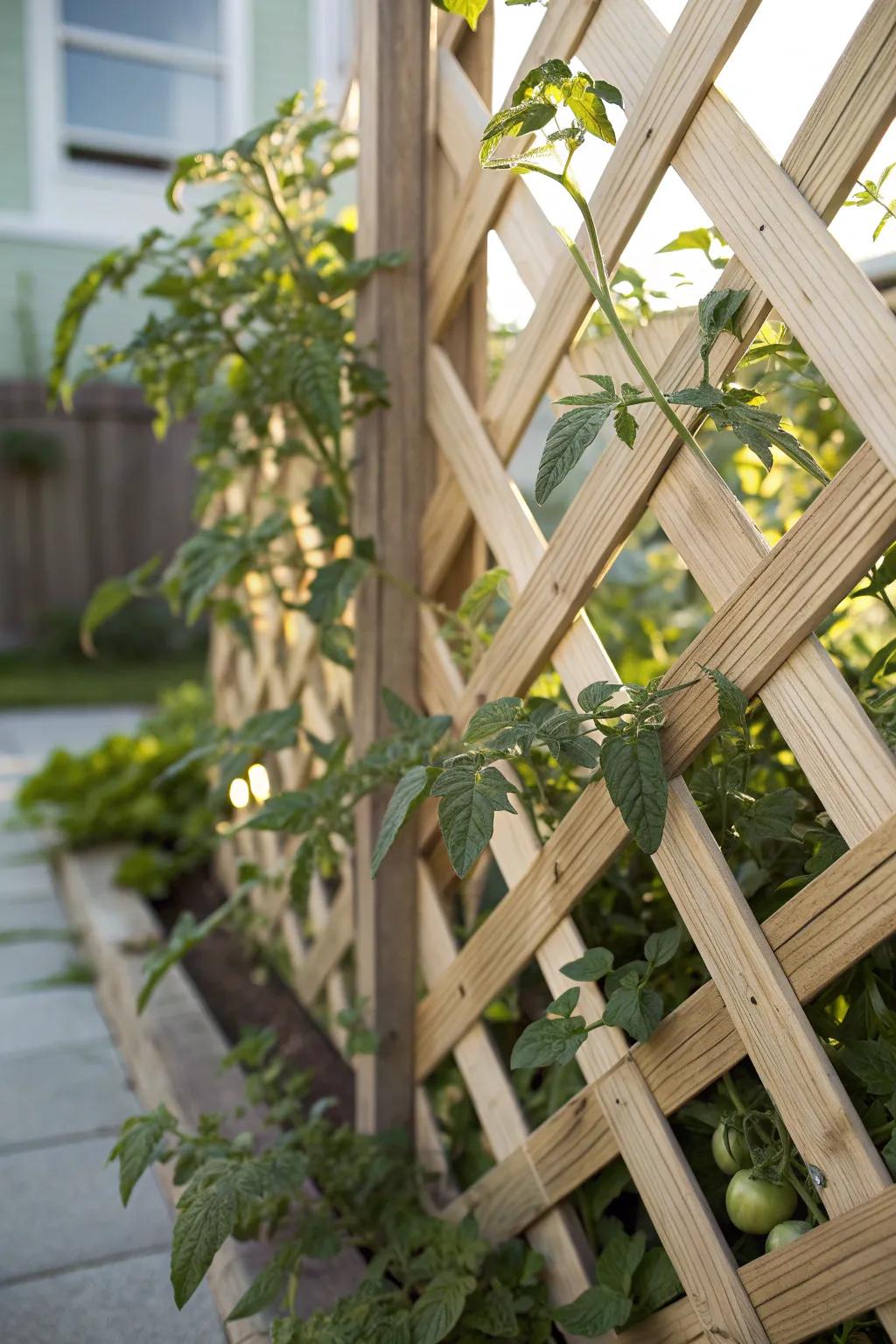 Transform your garden into a serene oasis with this elegant lattice-style fence—perfect for supporting climbing tomato plants in style.