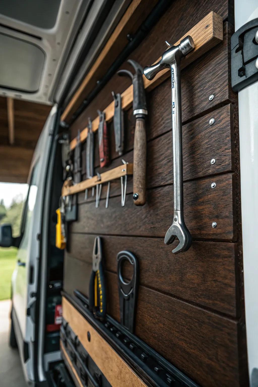 Transform your work van into a masterpiece of organization with stylish hooks for easy access to your tools.