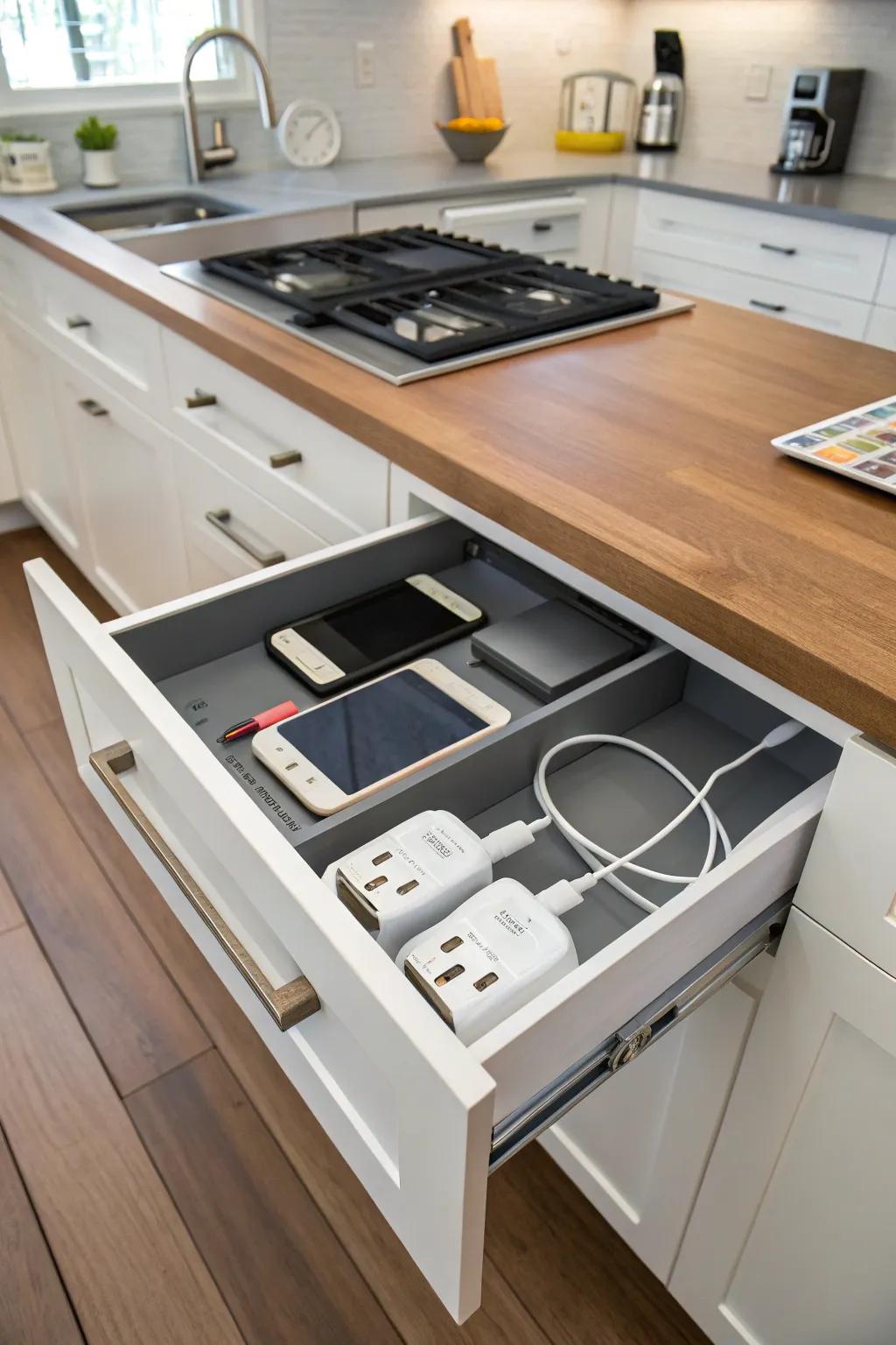 A hidden charging station keeps your devices powered and organized