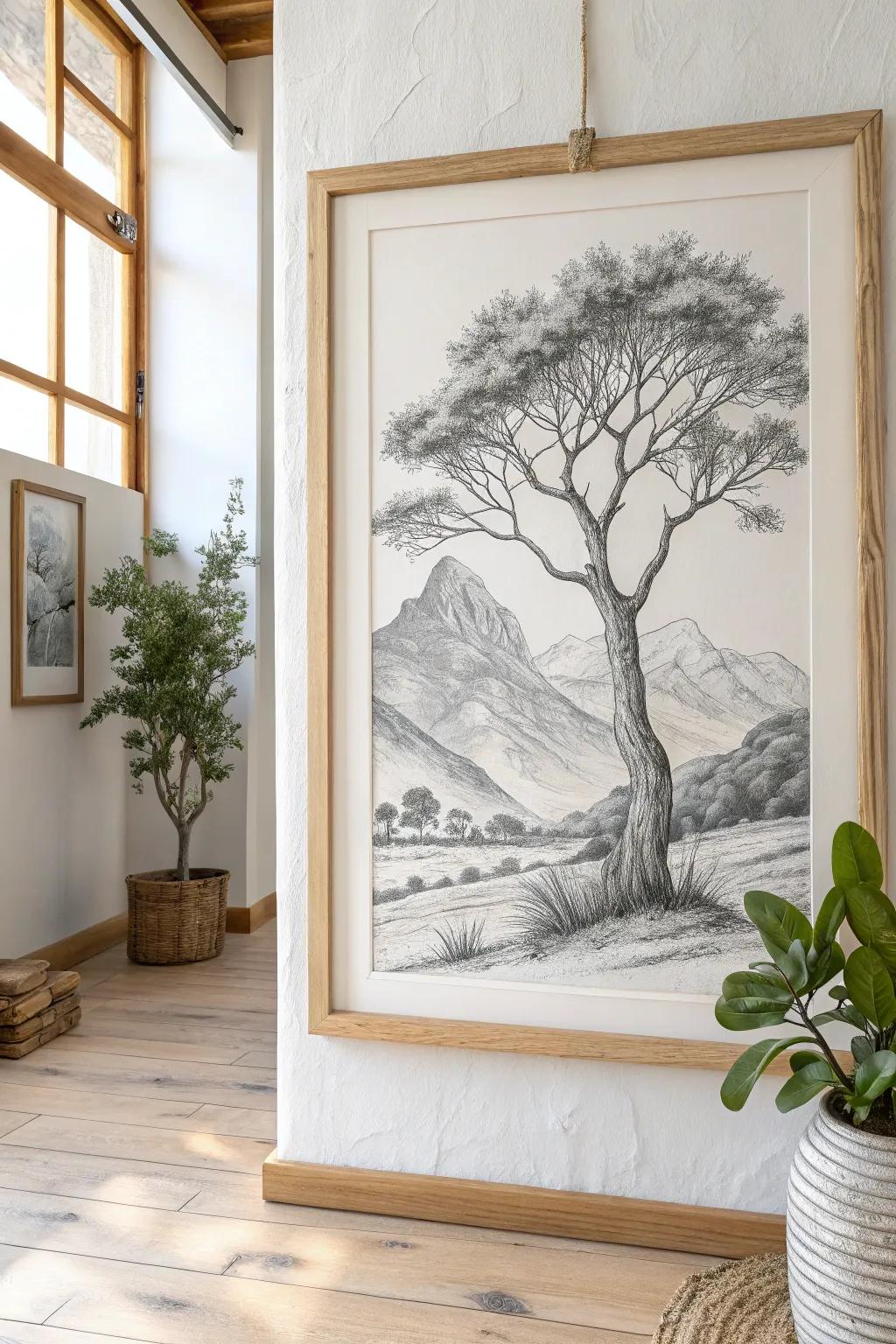 Find tranquility in the art of pencil sketches—where mountains meet minimalism.
