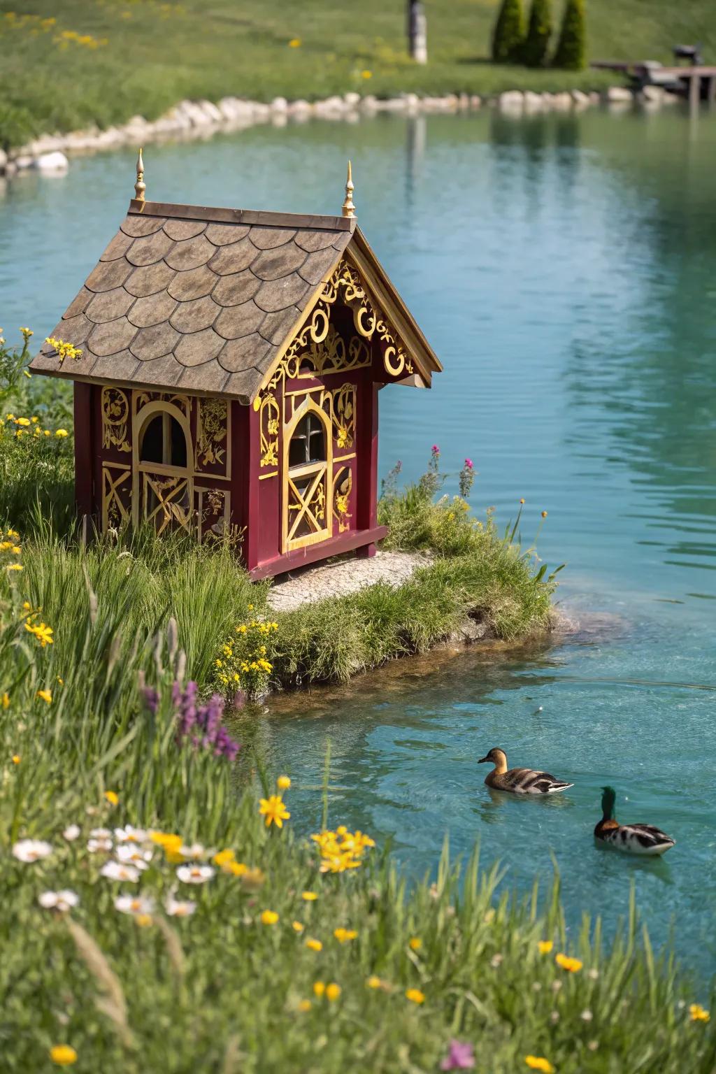 Transform your backyard into a Pond Paradise with this stunning duck house and water feature!
