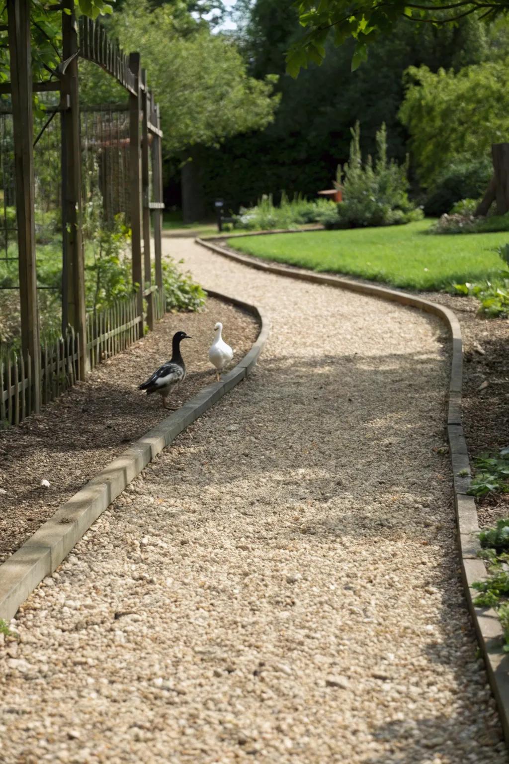 Transform your duck pen with a serene and stylish pea gravel pathway that embraces nature's beauty.
