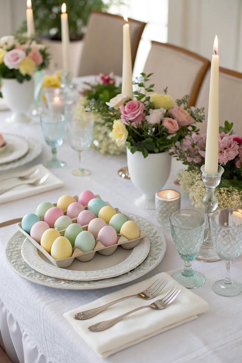 Wedding table decorated with Easter eggs as part of the centerpiece.