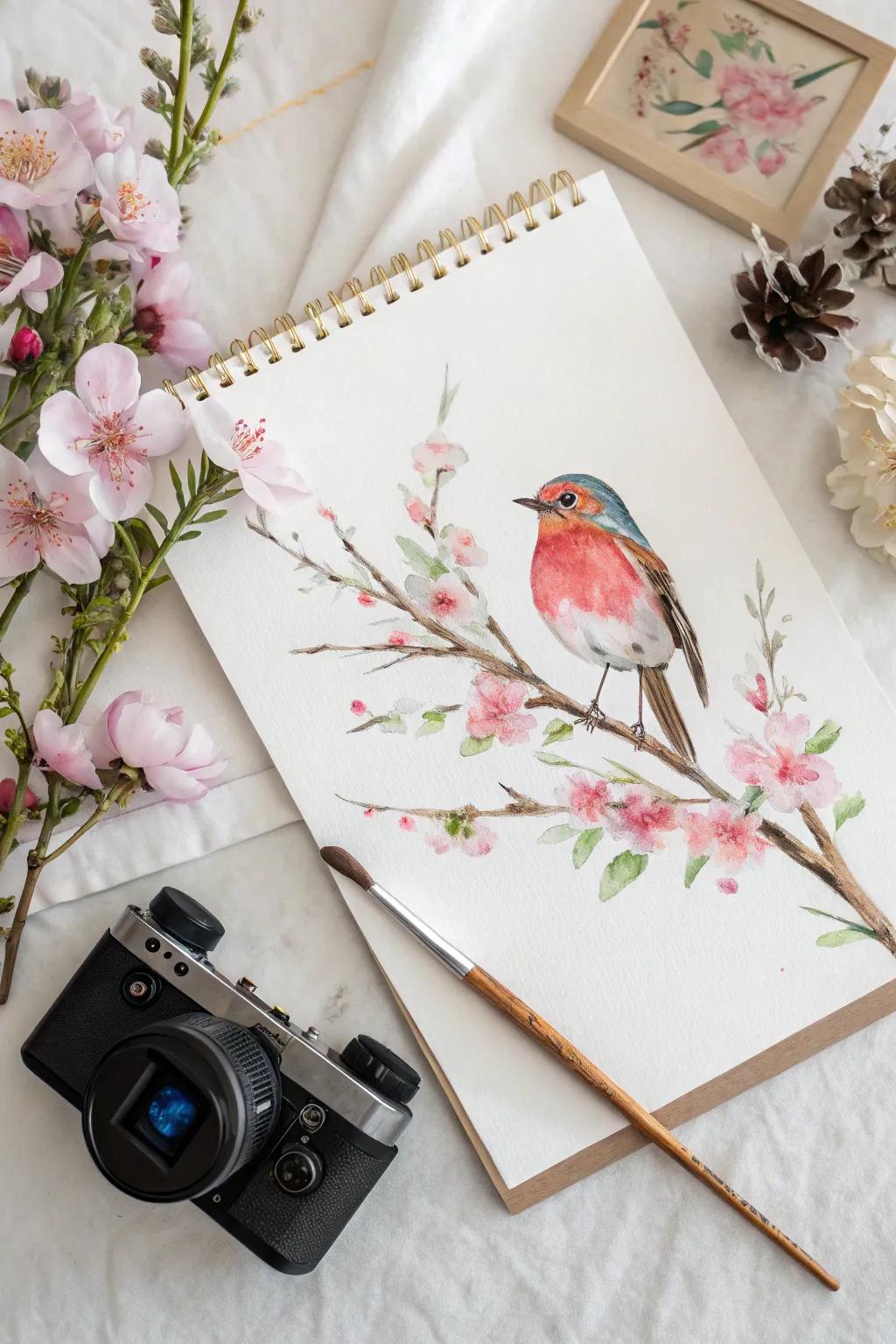 Embrace nature's elegance with a vibrant bird and floral watercolor masterpiece.