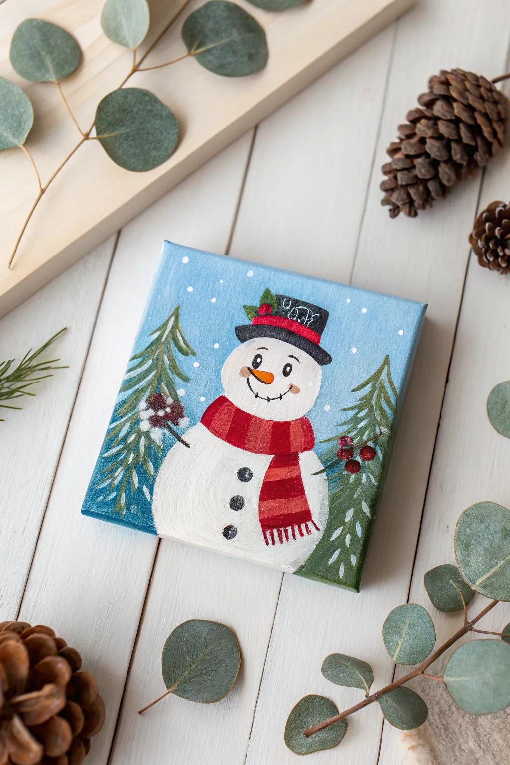 Bring warmth to your winter decor with a cheerful snowman painting that blends Scandinavian simplicity with Boho charm.