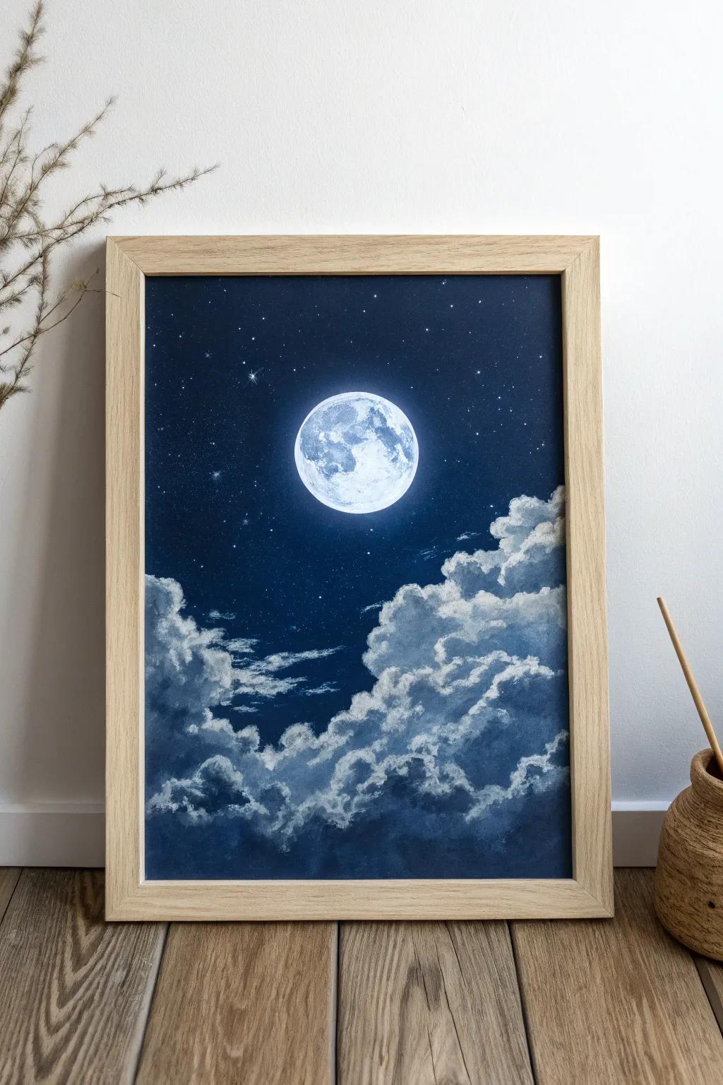 Embrace tranquility with this moonlit masterpiece, where simplicity meets celestial elegance.