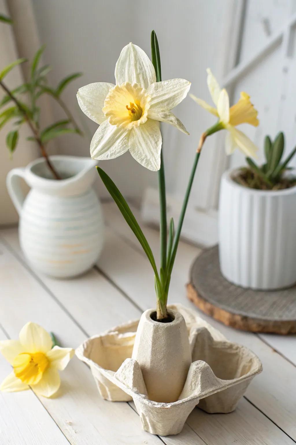Embrace the beauty of spring with eco-friendly elegance: Upcycled Egg Carton Daffodil 🌼 #SpringCrafts #MinimalistBeauty