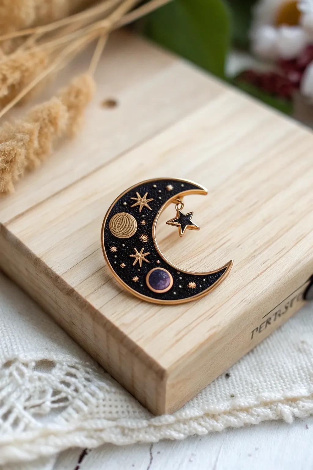 Embrace the cosmos with this celestial enamel pin, a perfect touch of the universe for your minimalist space.