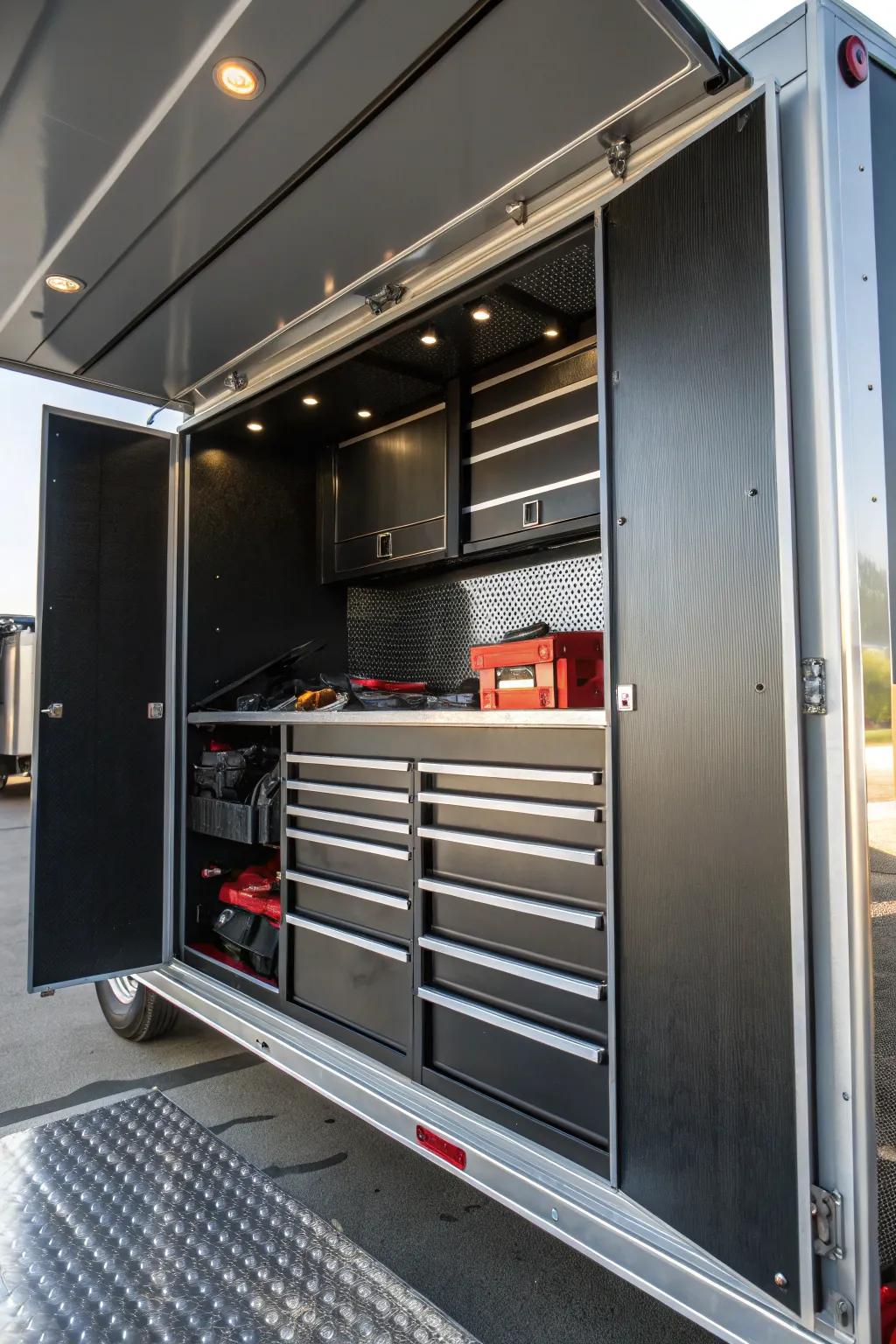 Master the art of organization with stylish cabinets and built-in drawers in your trailer. Secure, sleek, and effortlessly accessible!