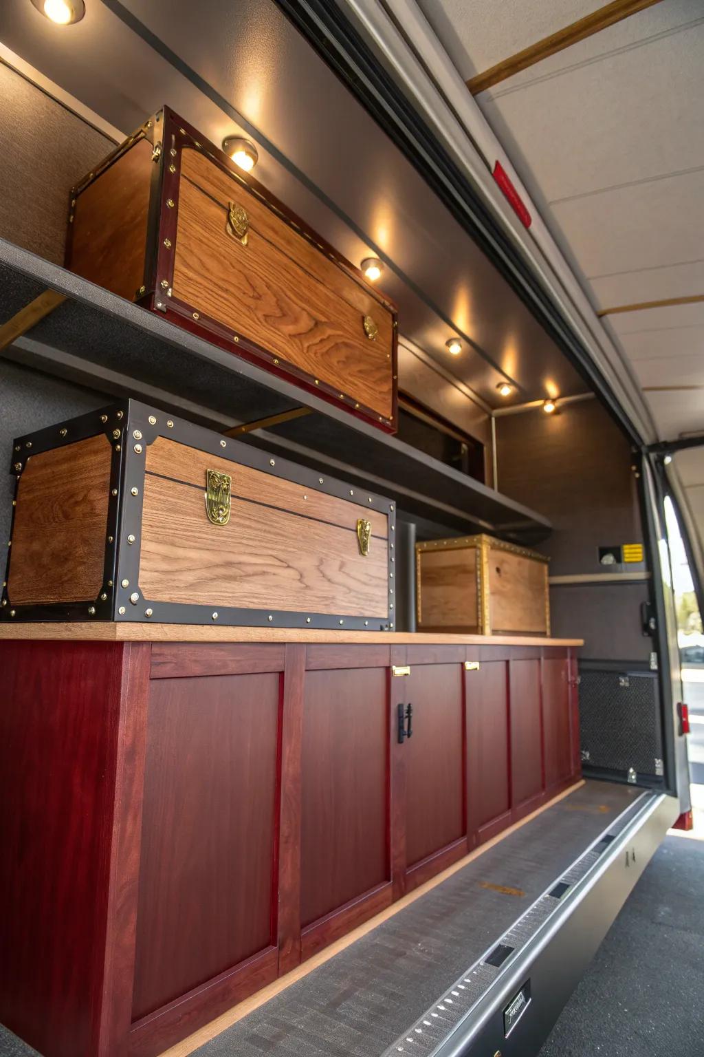 Elevate your storage game with handcrafted overhead bins in your trailer, where style meets functionality.