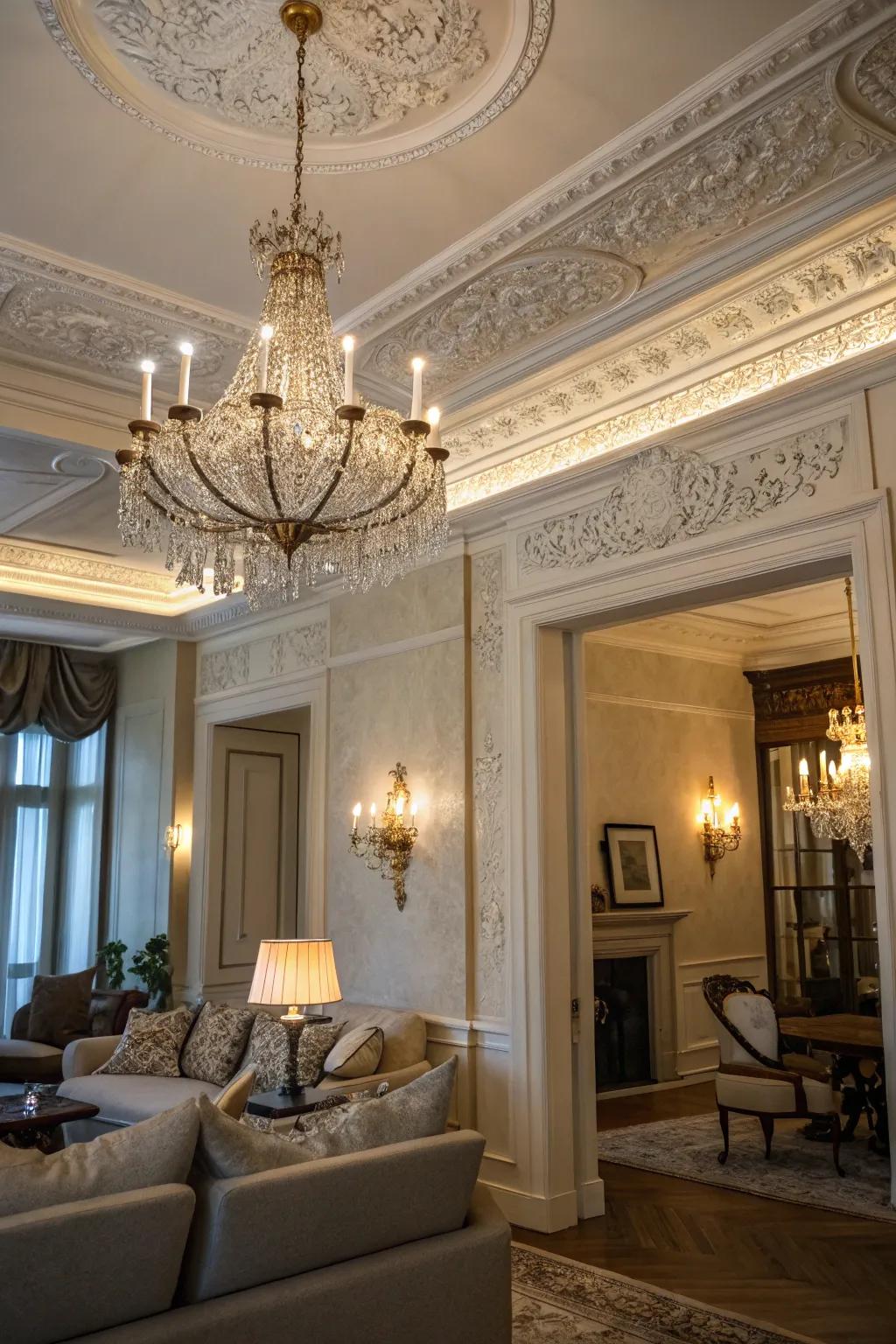 Decorative details add elegance to this European-inspired living room.