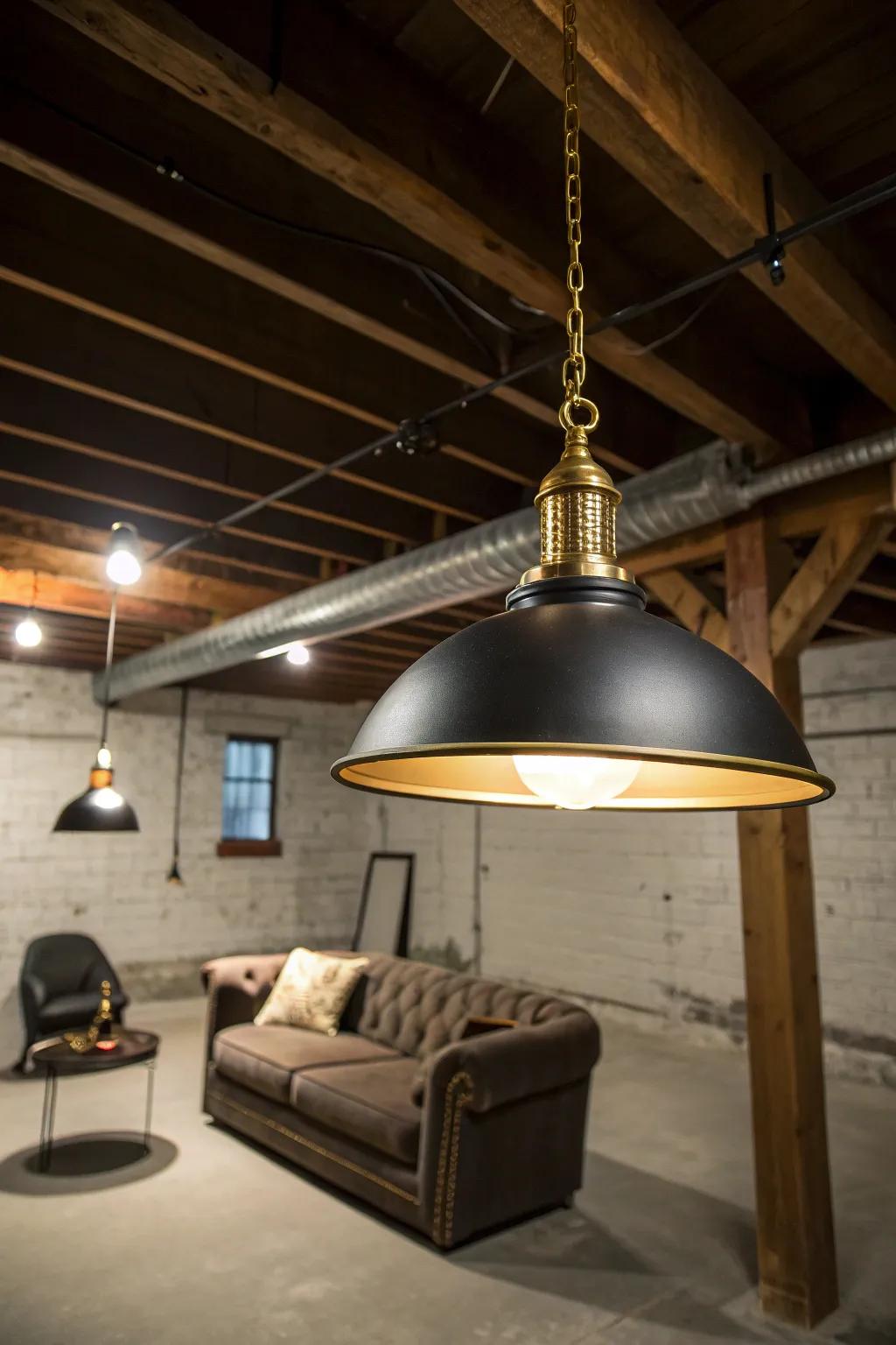 Illuminate your space with the bold elegance of a pendant light, crafting a stunning focal point in any basement.