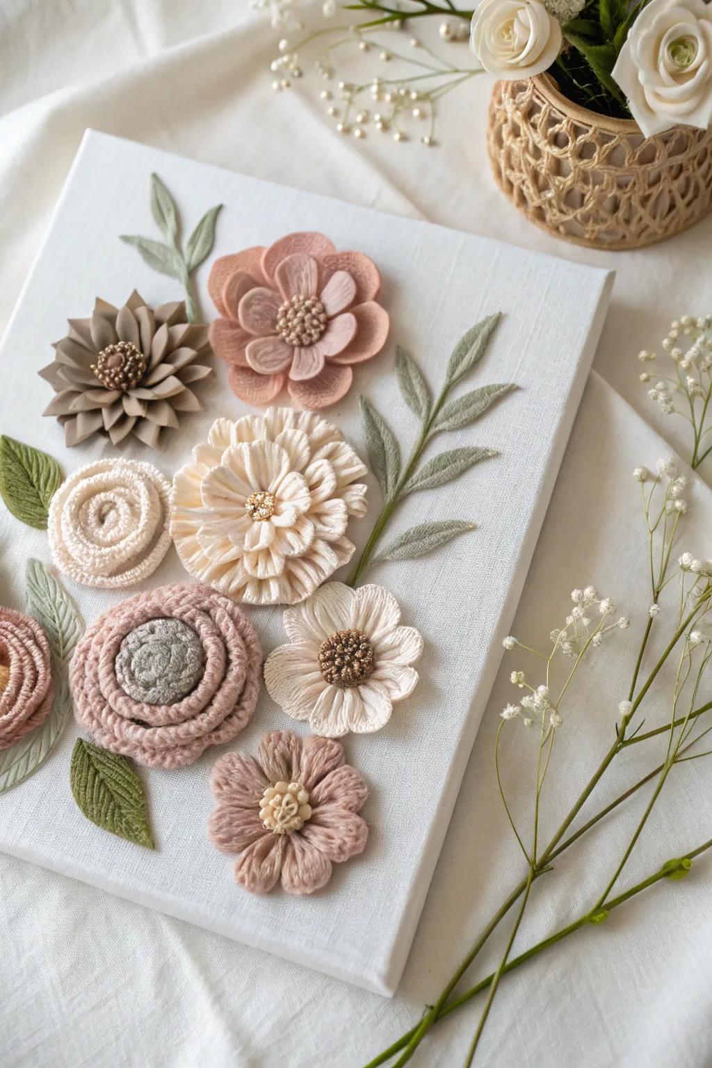 Elevate your space with the timeless beauty of handcrafted fabric flowers on canvas.
