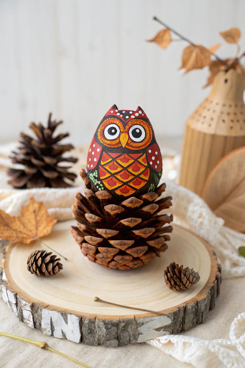 Transform a simple pinecone into a charming woodland friend with bold autumn colors and a touch of whimsy.