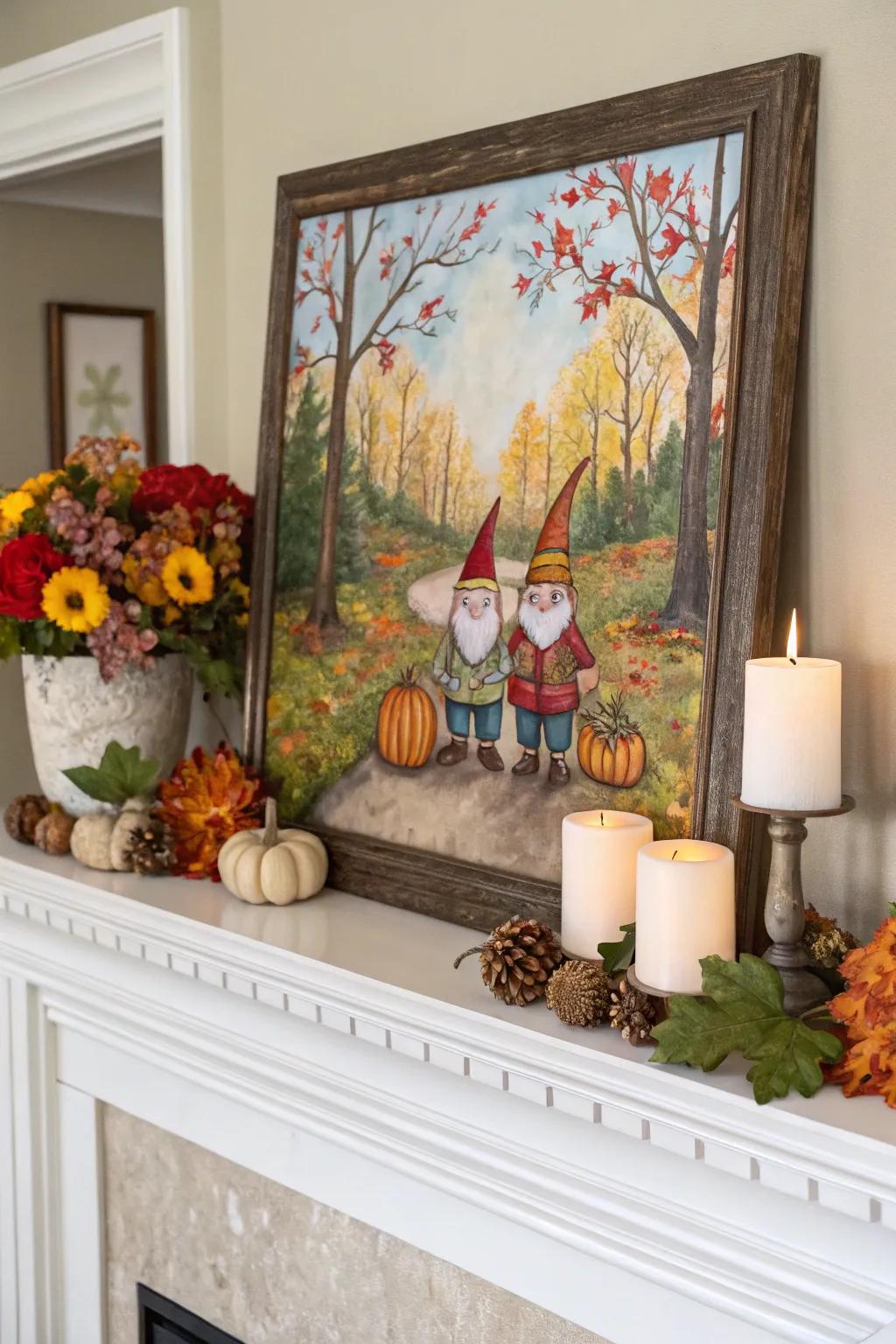 Whimsical gnomes add a playful element to autumn decor.
