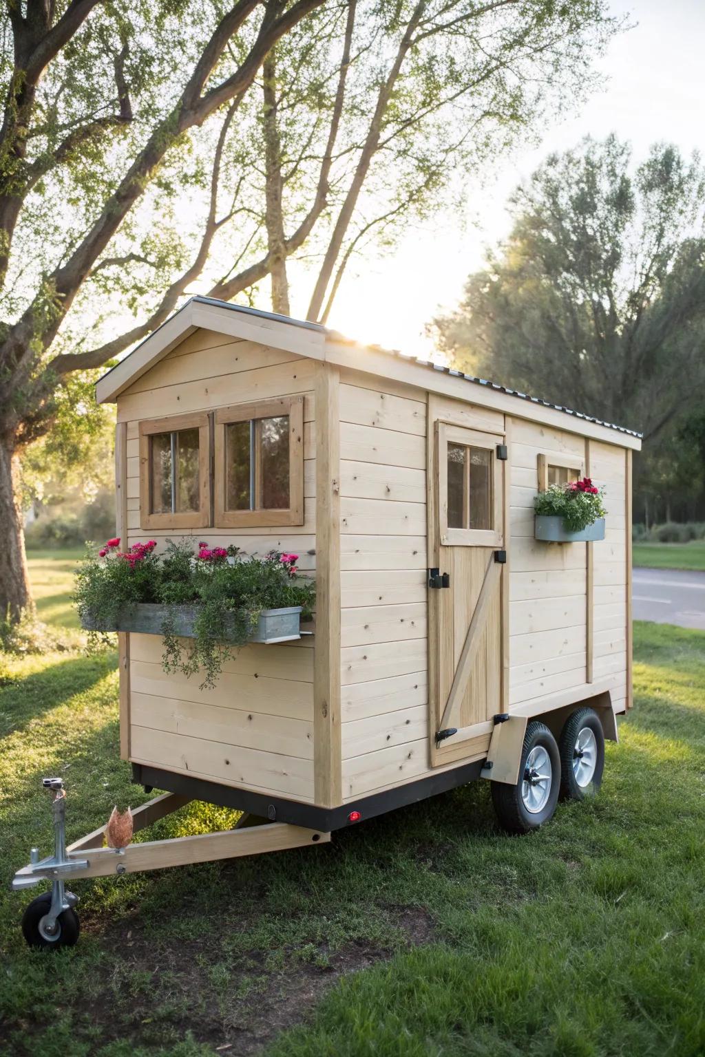 Roll into paradise with this charming portable chicken coop, where simplicity meets natural beauty.