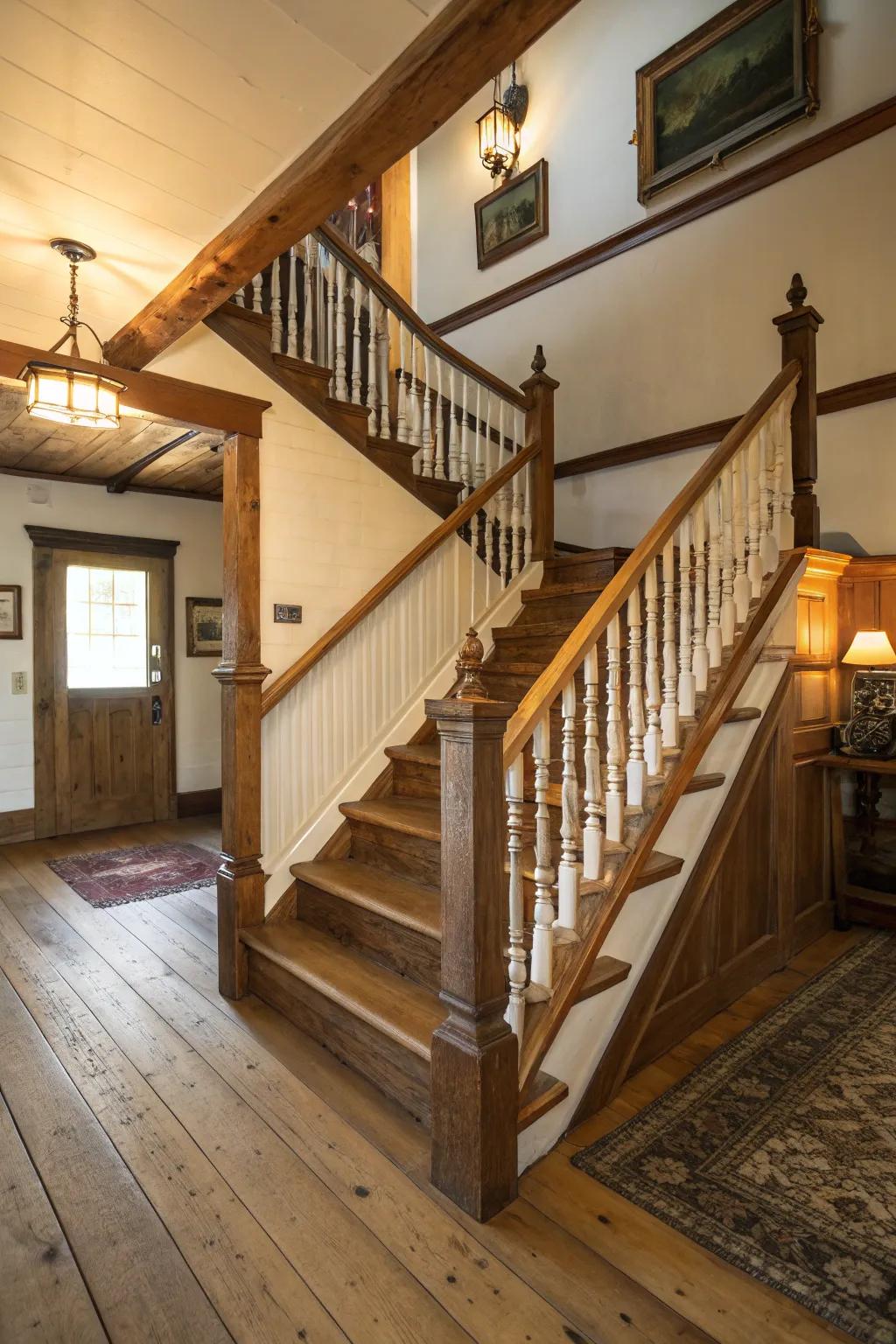 Decorative balusters bring elegance to a farmhouse staircase.