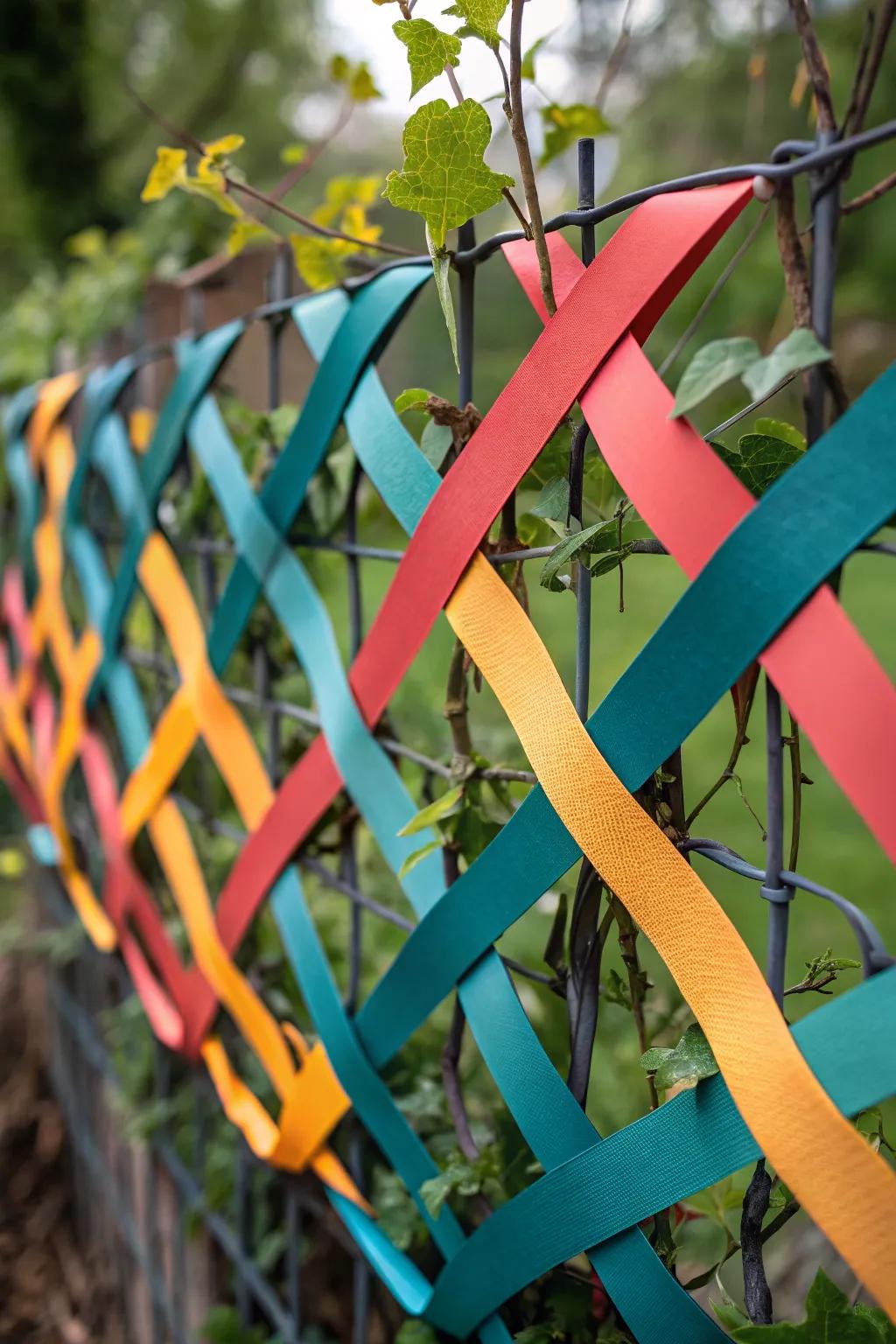 Transform your garden with the vibrant artistry of woven plastic ribbons, where bold colors meet minimalist charm.